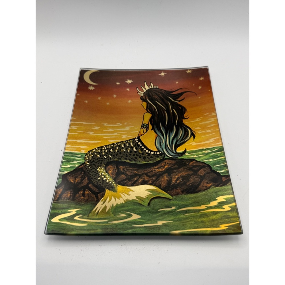 World Buyers Reina Mermaid Glass Trinket Tray Tattoo Art Moon Stars New
